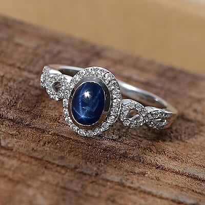 Blue Star Sapphire (DF) and White Zircon 1.85 ctw Infinity Halo Ring in Rhodium Over Sterling Silver (Size 10.0) (Del. In 8-10 Days)