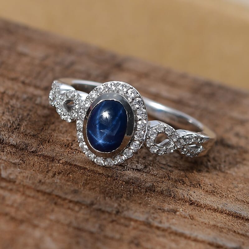 Blue Star Sapphire (DF) and White Zircon 1.85 ctw Infinity Halo Ring in Rhodium Over Sterling Silver (Size 10.0) (Del. In 8-10 Days)