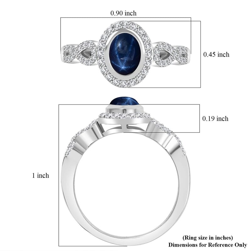 Blue Star Sapphire (DF) and White Zircon 1.85 ctw Infinity Halo Ring in Rhodium Over Sterling Silver (Size 10.0) (Del. In 8-10 Days)