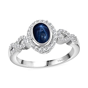 D'Joy Blue Star Sapphire (DF) and White Zircon 1.85 ctw Infinity Halo Ring in Rhodium Over Sterling Silver (Size 7.0)