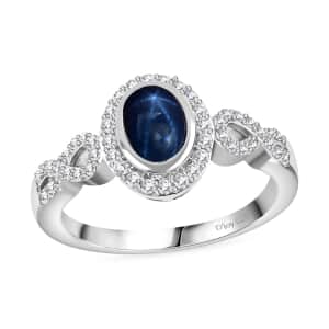 Blue Star Sapphire (DF) and White Zircon 1.85 ctw Infinity Halo Ring in Rhodium Over Sterling Silver (Size 8.0)