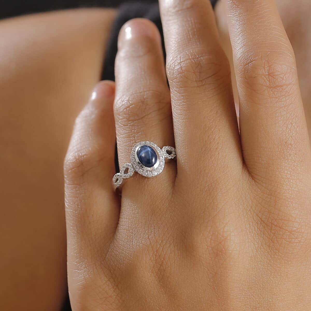 Blue Star Sapphire (DF), White Zircon Ring in Rhodium Over Sterling Silver (Size 10.0) 1.85 ctw image number 2