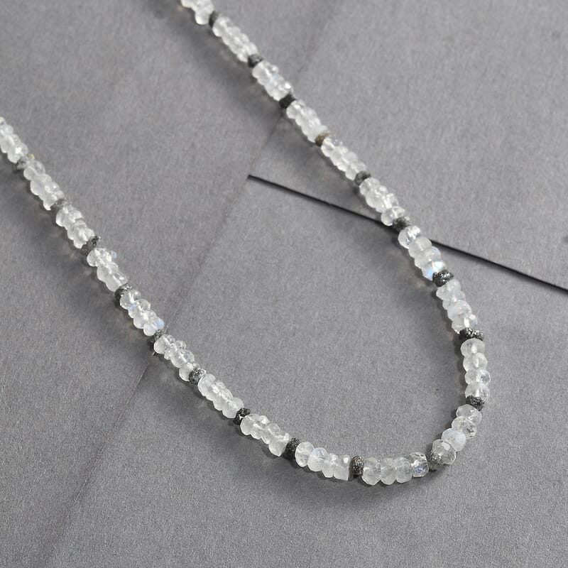 Rainbow Moonstone and Brown Diamond 38.00 ctw Necklace 18 Inches in Vermeil Yellow Gold Over Sterling Silver 