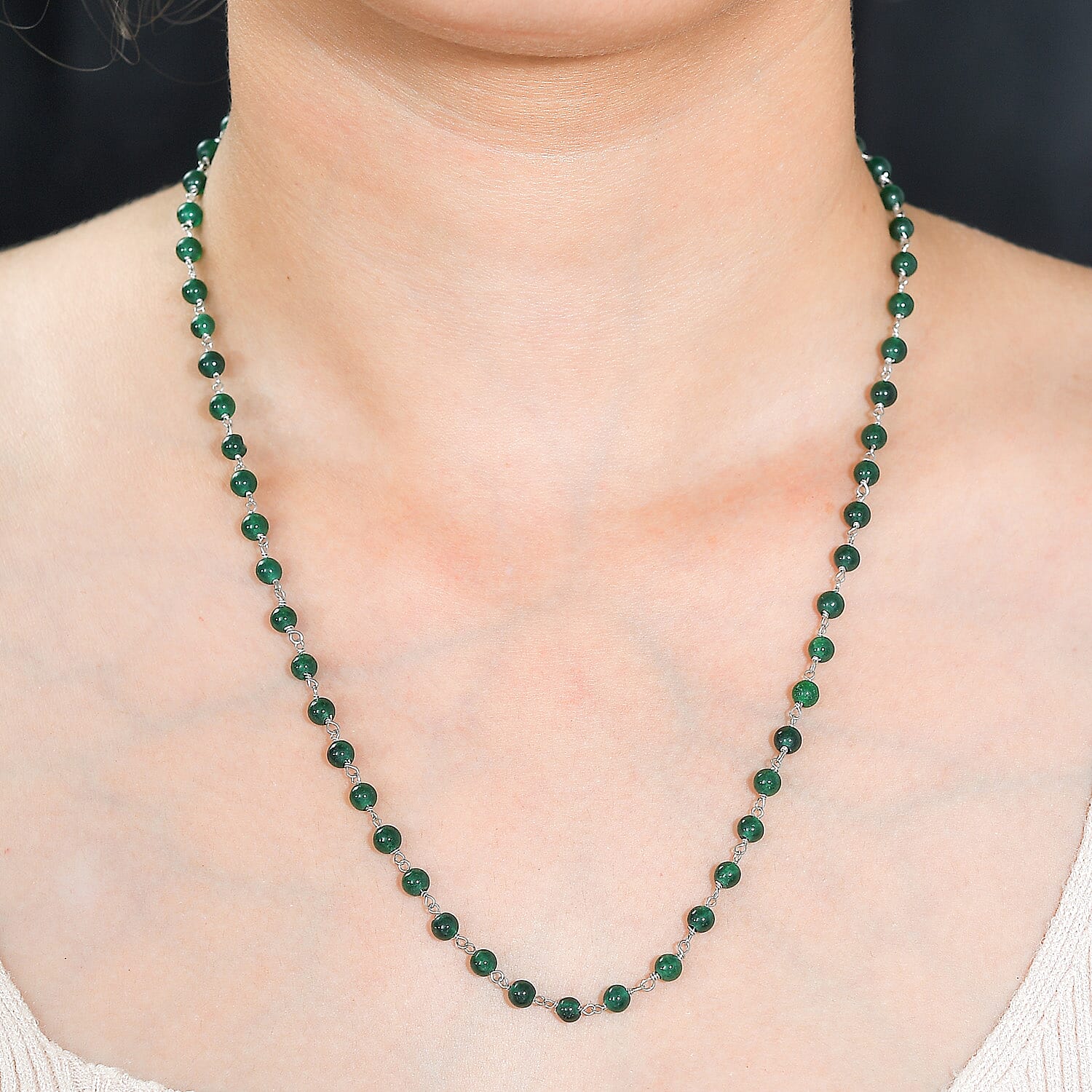 Green Agate Beaded 28.00 ctw Necklace 20 Inches in Platinum Over Sterling Silver