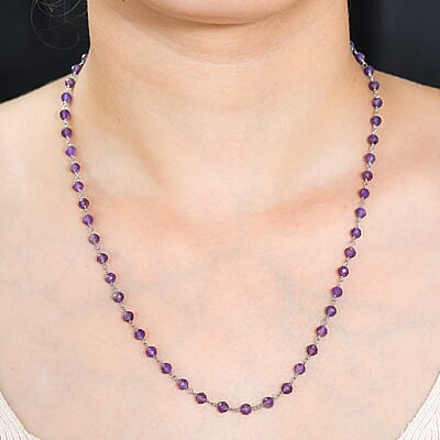 African Amethyst Beaded 28.00 ctw Necklace 20 Inches in Platinum Over Sterling Silver