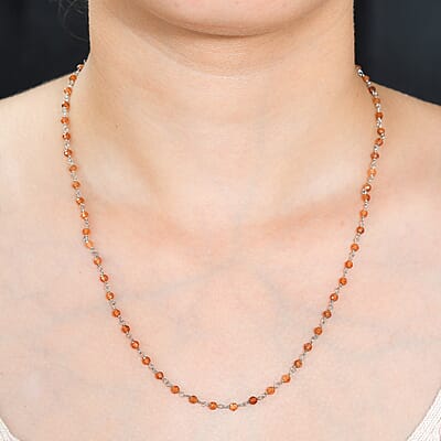 Ratnapura Hessonite Garnet Beaded 15.00 ctw Necklace 20 Inches in Platinum Over Sterling Silver 