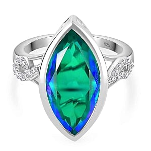 Peacock Triplet Quartz and White Zircon 9.27 ctw Ring in Rhodium Over Sterling Silver (Size 6.5)