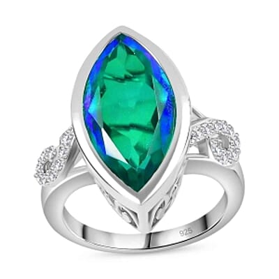 Peacock Triplet Quartz and White Zircon 9.27 ctw Ring in Rhodium Over Sterling Silver (Size 6.5)