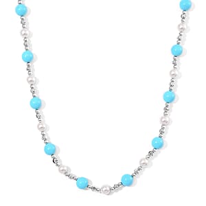 Sleeping Beauty and White Color Shell Pearl Necklace in Silvertone 20-22 Inches