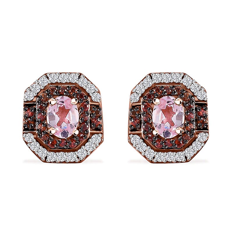 D'Joy Narsipatnam Pink Spinel, Brown and White Zircon Art Deco 0.85 ctw Earrings in 18K Vermeil Rose Gold Over Sterling Silver 