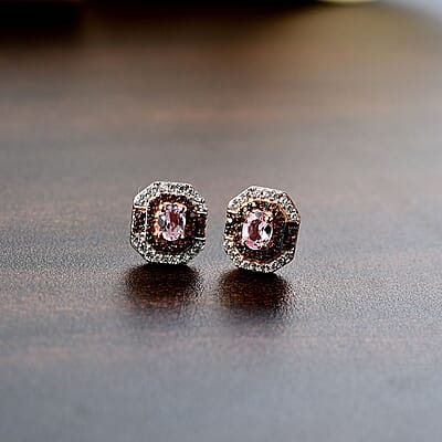 D'Joy Narsipatnam Pink Spinel, Brown and White Zircon Art Deco 0.85 ctw Earrings in 18K Vermeil Rose Gold Over Sterling Silver 