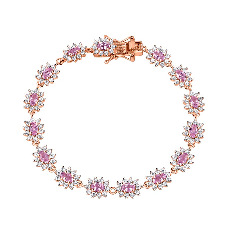 D'Joy Premium Narsipatnam Pink Spinel and White Zircon 8.70 ctw Radiant Sunburst Bracelet in 18K Vermeil Rose Gold Over Sterling Silver (7.25 In)