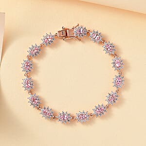 D'Joy Premium Narsipatnam Pink Spinel and White Zircon 8.70 ctw Radiant Sunburst Bracelet in 18K Vermeil Rose Gold Over Sterling Silver (7.25 In)