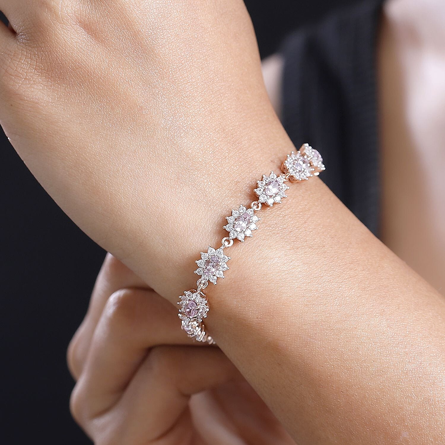 D'Joy Premium Narsipatnam Pink Spinel and White Zircon 8.70 ctw Radiant Sunburst Bracelet in 18K Vermeil Rose Gold Over Sterling Silver (7.25 In)