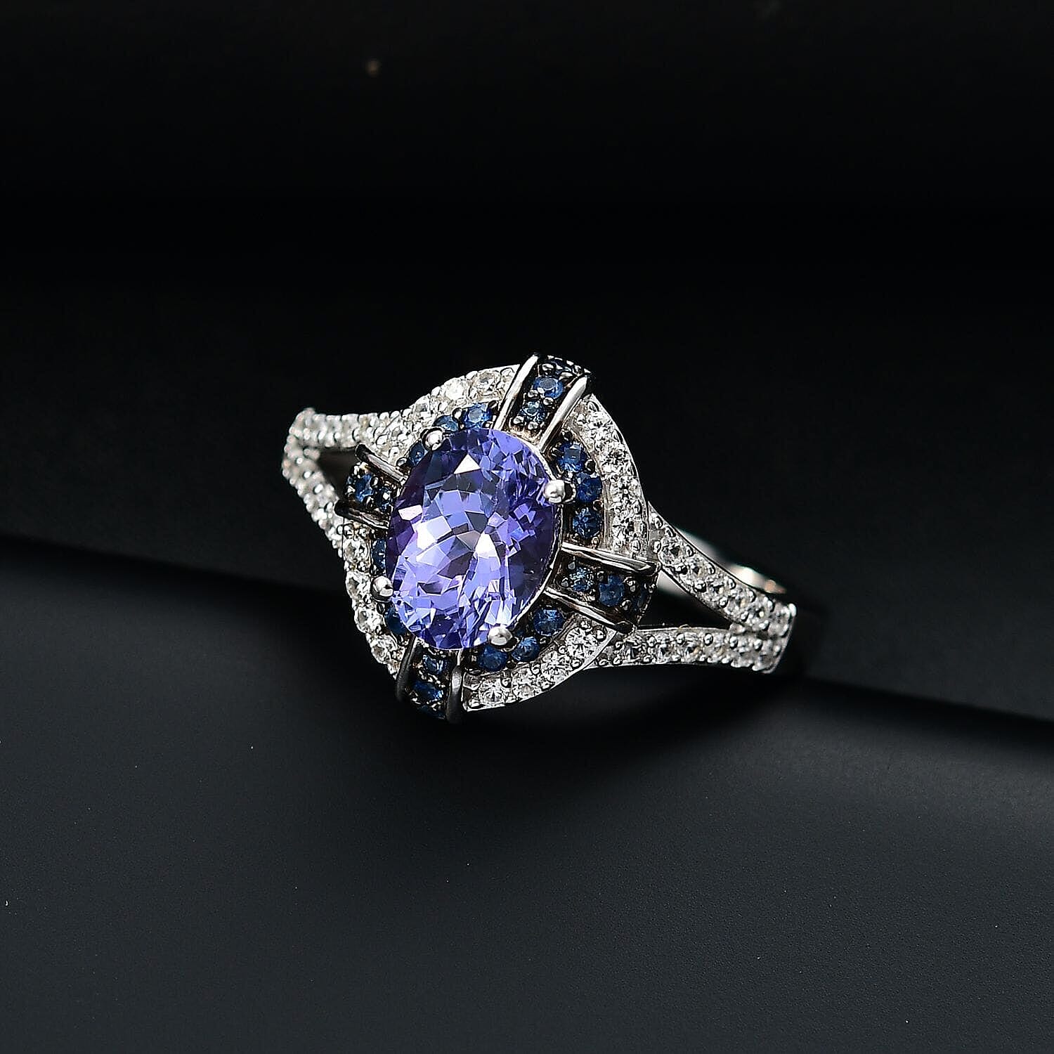 D'Joy Tanzanite and Multi Gemstone 1.90 ctw Starlight Halo Ring in Rhodium Over Sterling Silver (Size 10.0)