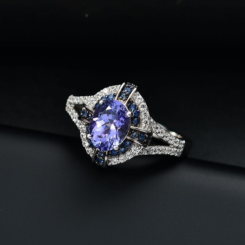 D'Joy Tanzanite and Multi Gemstone 1.90 ctw Starlight Halo Ring in Rhodium Over Sterling Silver (Size 10.0)
