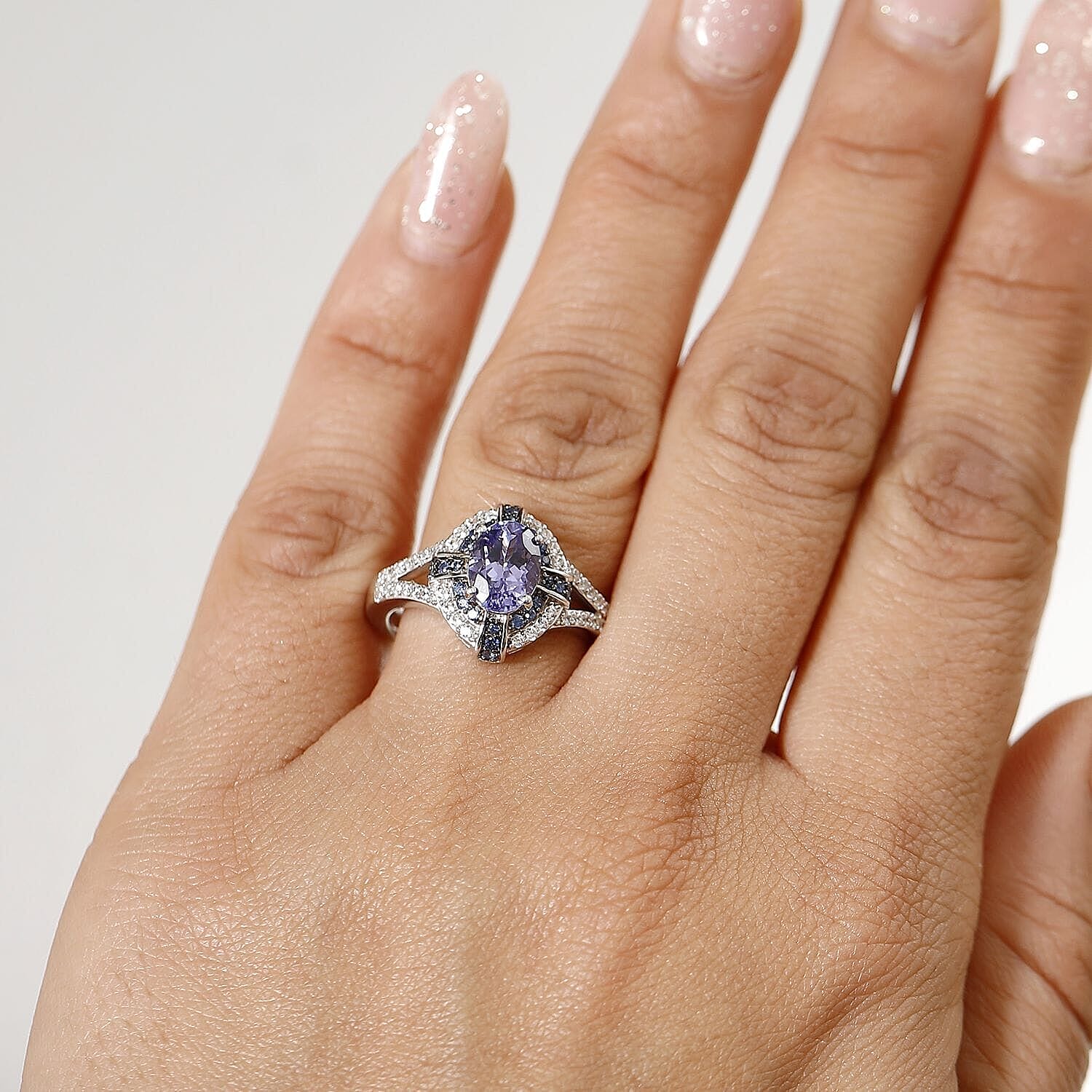 D'Joy Tanzanite and Multi Gemstone 1.90 ctw Starlight Halo Ring in Rhodium Over Sterling Silver (Size 10.0)