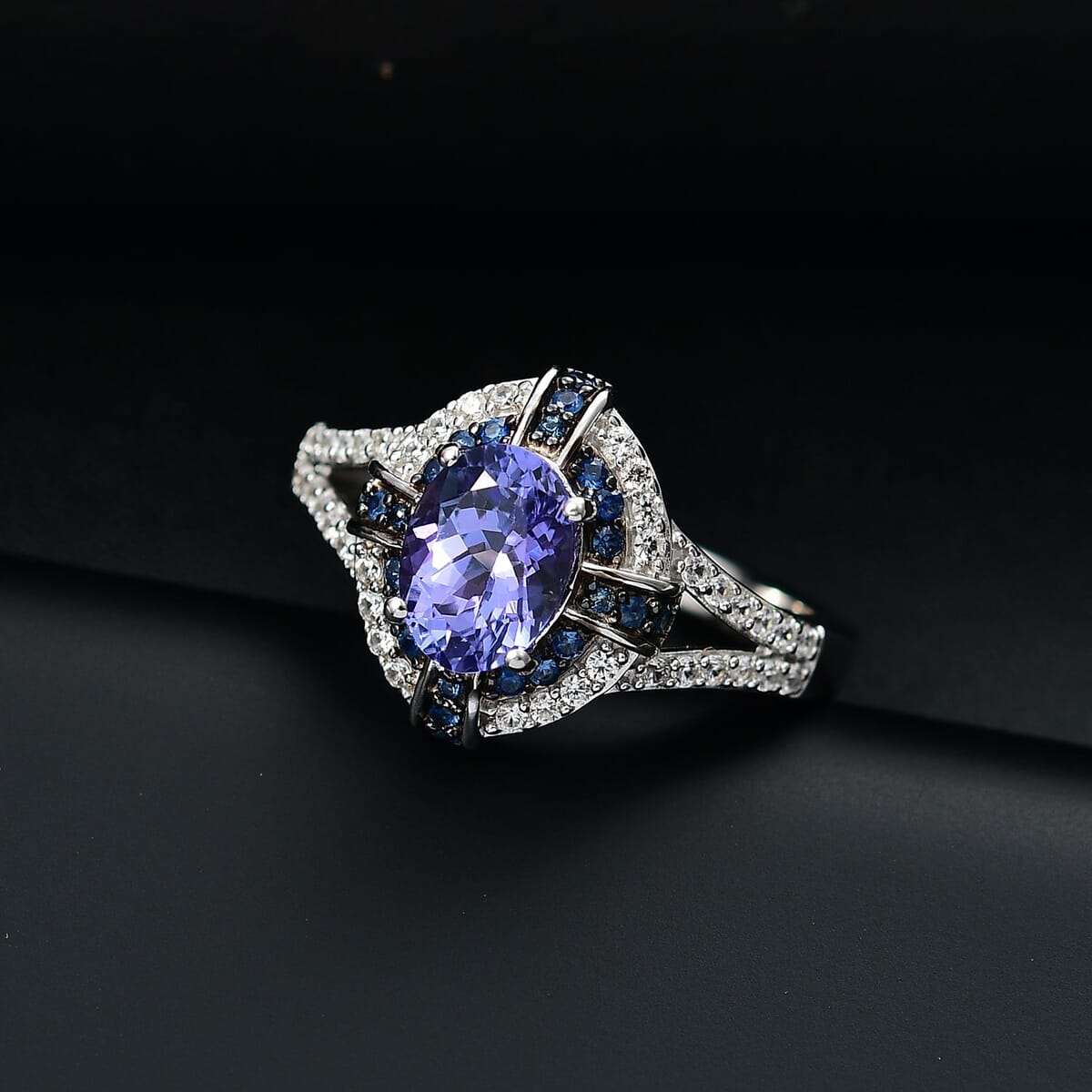 Tanzanite and Multi Gemstone 1.90 ctw Starlight Halo Ring in Rhodium Over Sterling Silver (Size 9.0) image number 1