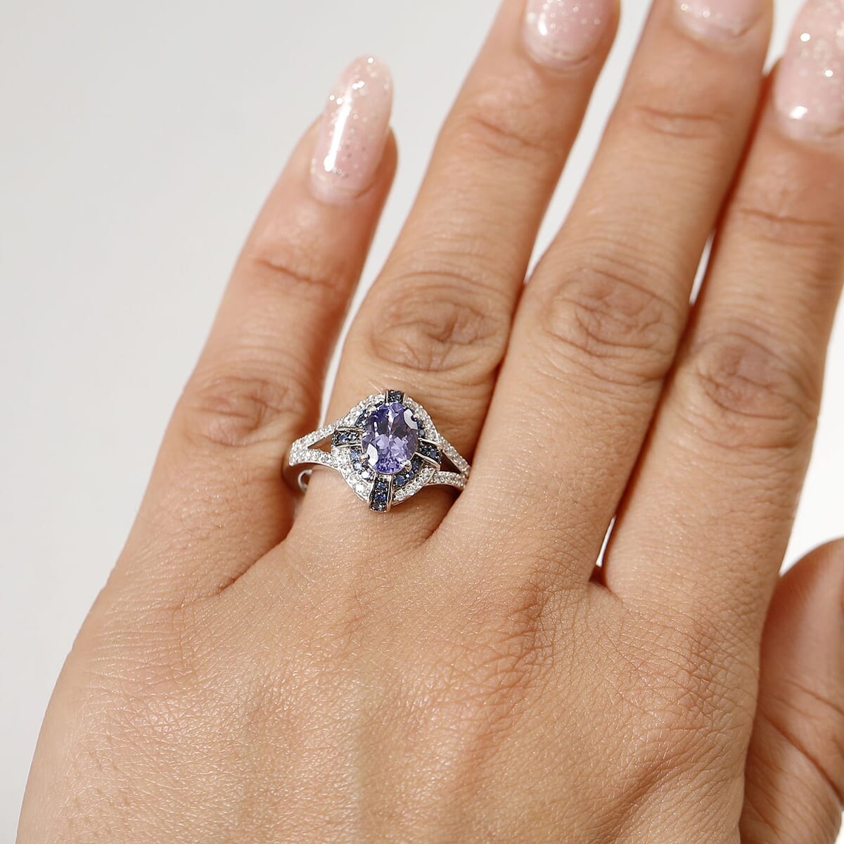 Tanzanite and Multi Gemstone 1.90 ctw Starlight Halo Ring in Rhodium Over Sterling Silver (Size 9.0) image number 2