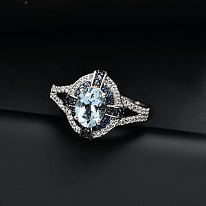 Mangoro Aquamarine, Multi Gemstone Ring in Rhodium Over Sterling Silver (Size 5.0) 1.70 ctw
