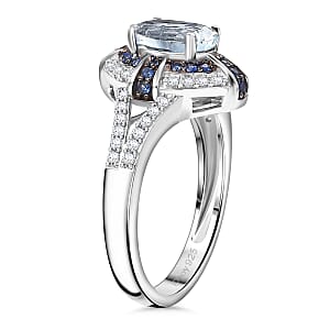 Mangoro Aquamarine, Multi Gemstone Ring in Rhodium Over Sterling Silver (Size 5.0) 1.70 ctw
