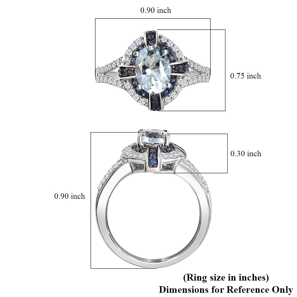 Mangoro Aquamarine and Multi Gemstone 1.70 ctw Starlight Halo Ring in Rhodium Over Sterling Silver (Size 6.0)