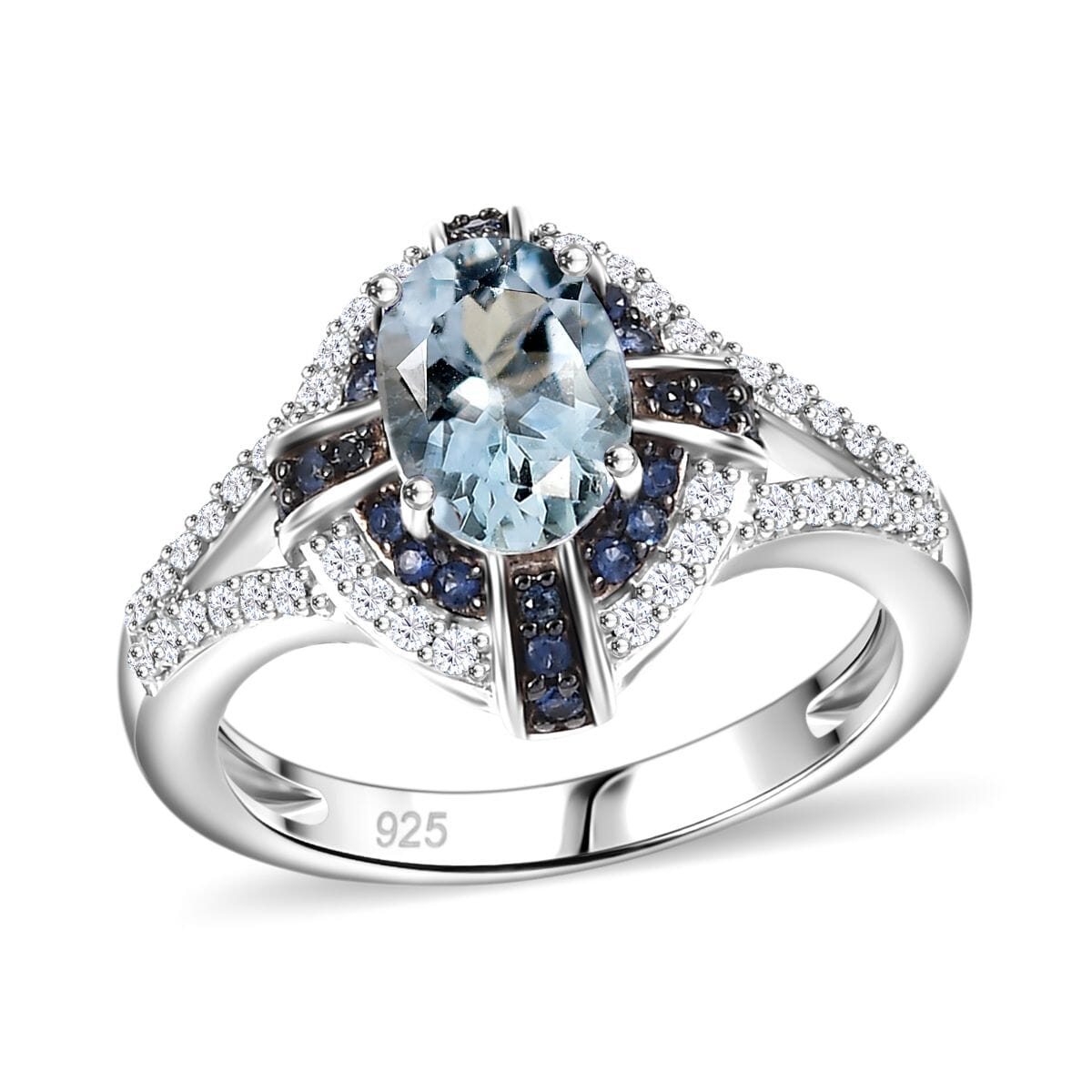 Mangoro Aquamarine and Multi Gemstone 1.70 ctw Starlight Halo Ring in Rhodium Over Sterling Silver (Size 8.0) image number 0