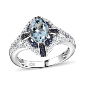 Mangoro Aquamarine and Multi Gemstone 1.70 ctw Starlight Halo Ring in Rhodium Over Sterling Silver (Size 9.0)