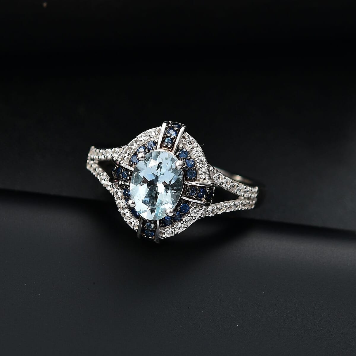 Mangoro Aquamarine and Multi Gemstone 1.70 ctw Starlight Halo Ring in Rhodium Over Sterling Silver (Size 9.0) image number 1