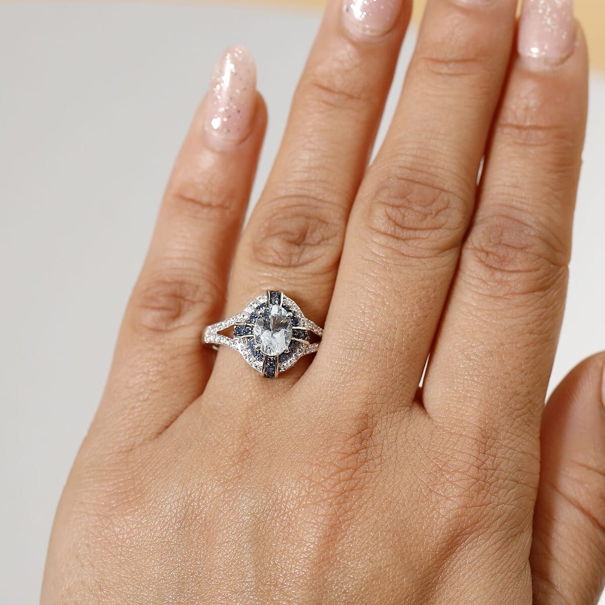Mangoro Aquamarine and Multi Gemstone 1.70 ctw Starlight Halo Ring in Rhodium Over Sterling Silver (Size 9.0) image number 2