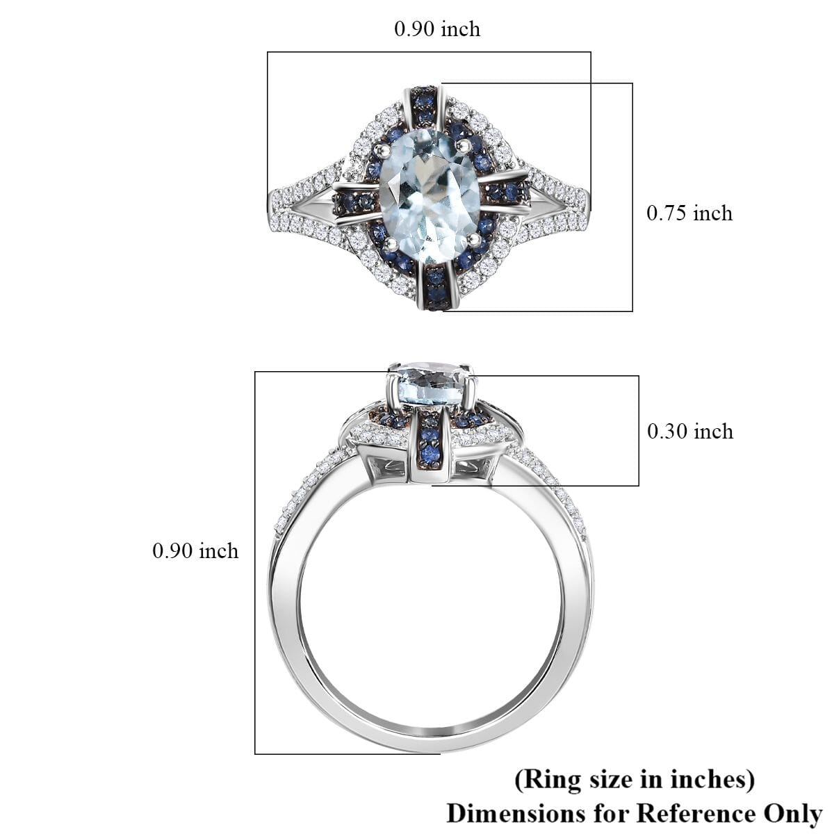 Mangoro Aquamarine and Multi Gemstone 1.70 ctw Starlight Halo Ring in Rhodium Over Sterling Silver (Size 9.0) image number 5