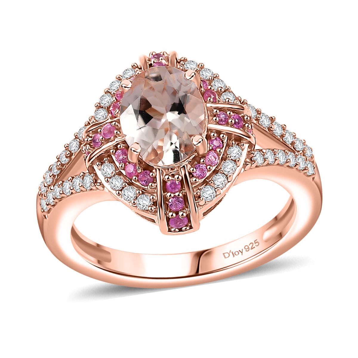 Premium Marropino Morganite and Multi Gemstone 1.80 ctw Starlight Halo Ring in 18K Vermeil Rose Gold Sterling Silver (Size 6.0) image number 0