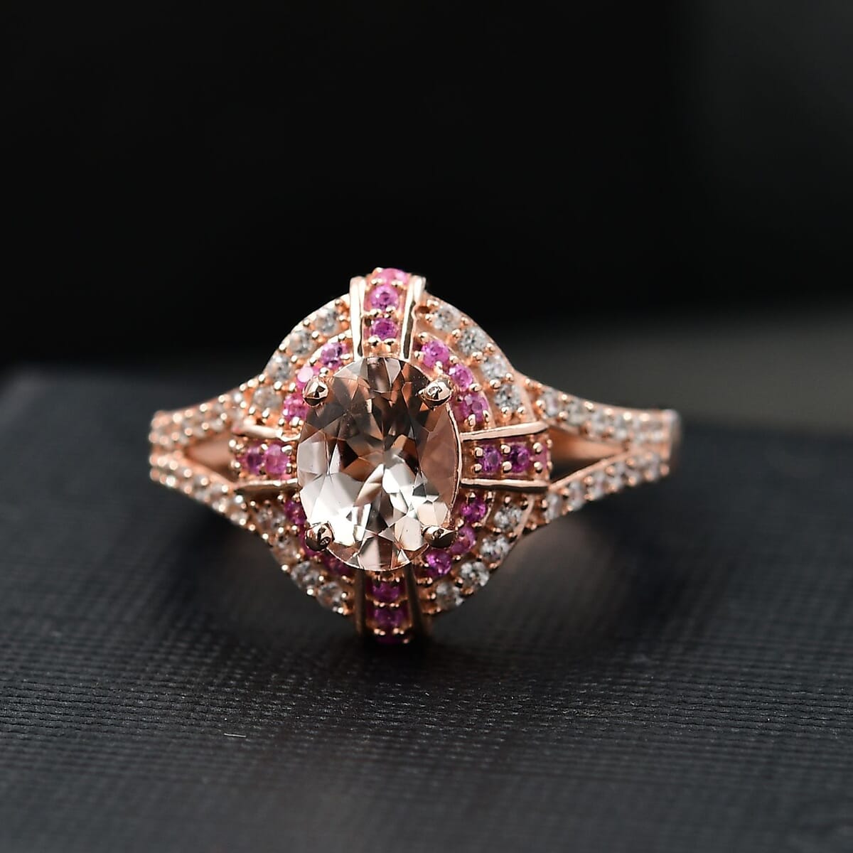 Premium Marropino Morganite and Multi Gemstone 1.80 ctw Starlight Halo Ring in 18K Vermeil Rose Gold Sterling Silver (Size 6.0) image number 1