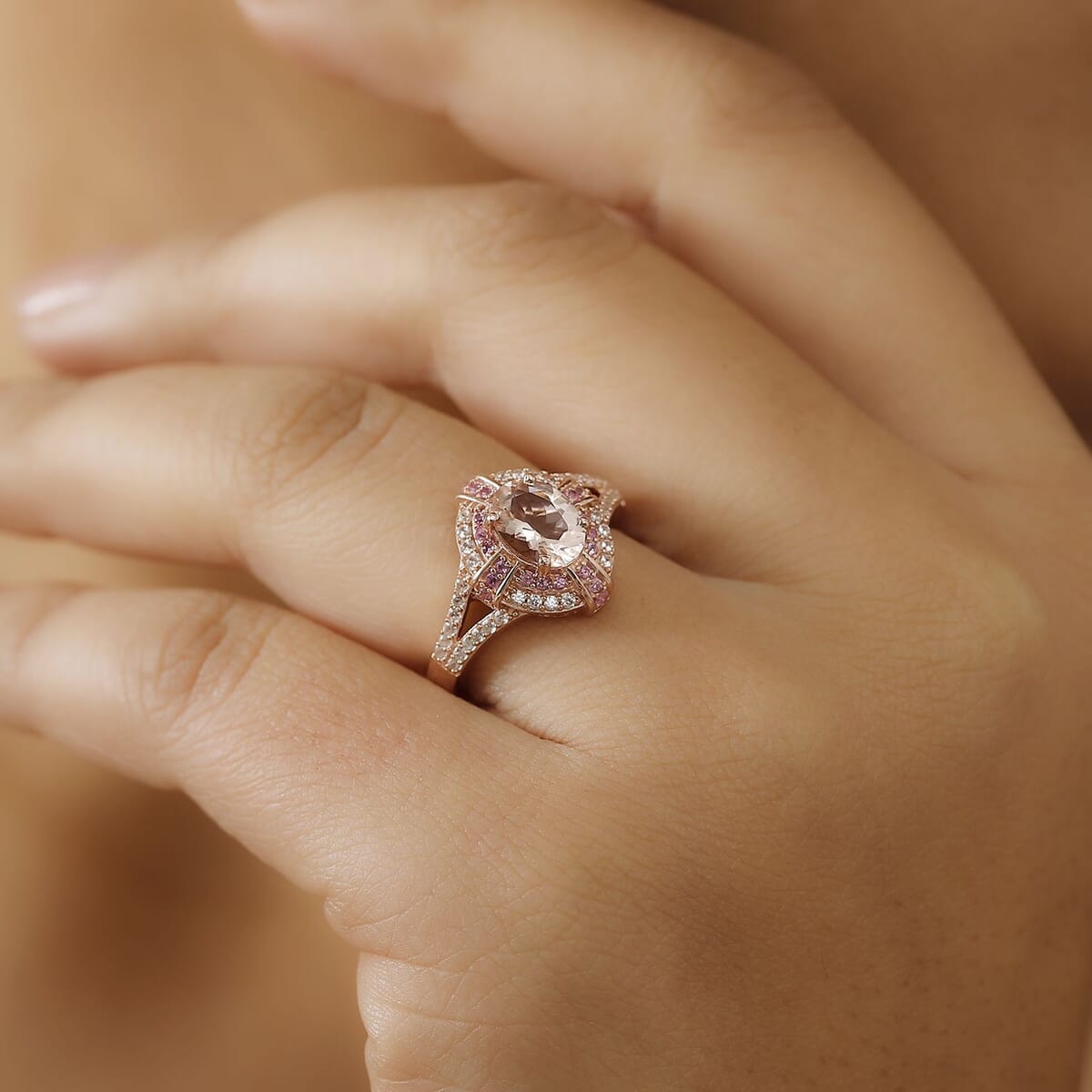 Premium Marropino Morganite and Multi Gemstone 1.80 ctw Starlight Halo Ring in 18K Vermeil Rose Gold Sterling Silver (Size 6.0) image number 2