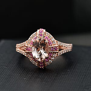 D'Joy Premium Marropino Morganite and Multi Gemstone 1.80 ctw Starlight Halo Ring in 18K Vermeil Rose Gold Sterling Silver (Size 7.0)