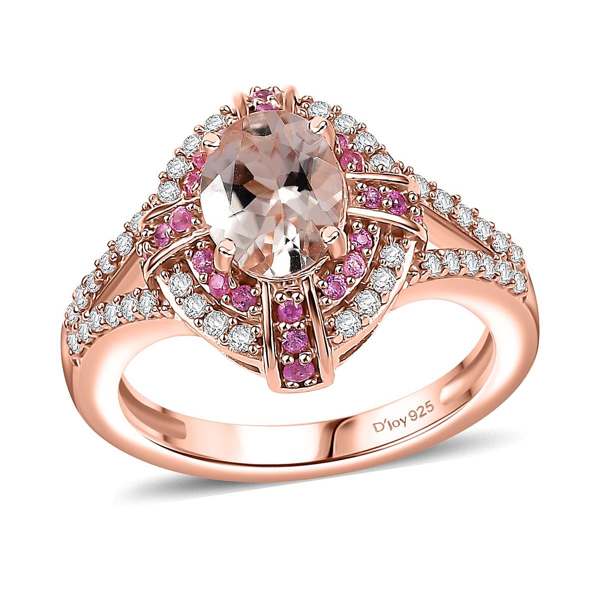 Premium Marropino Morganite and Multi Gemstone 1.80 ctw Starlight Halo Ring in 18K Vermeil Rose Gold Sterling Silver (Size 8.0) image number 0