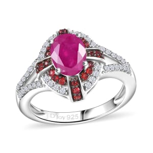 Mozambique Ruby and Multi Gemstone 2.15 ctw Starlight Halo Ring in Rhodium Over Sterling Silver (Size 9.0)