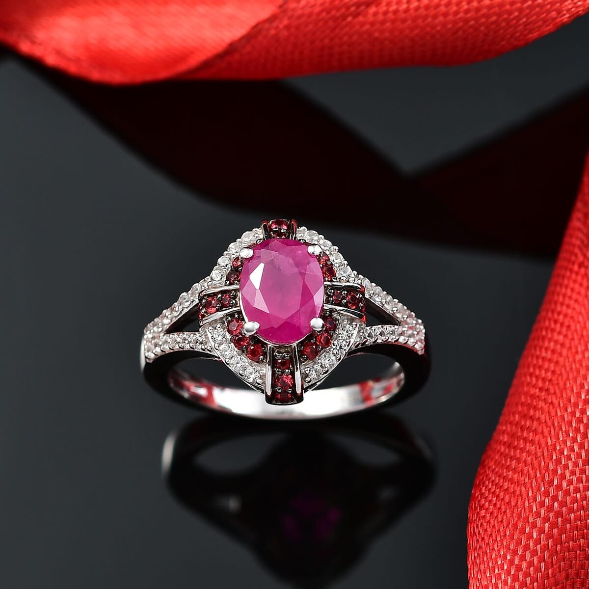 Mozambique Ruby and Multi Gemstone 2.15 ctw Starlight Halo Ring in Rhodium Over Sterling Silver (Size 9.0) image number 1