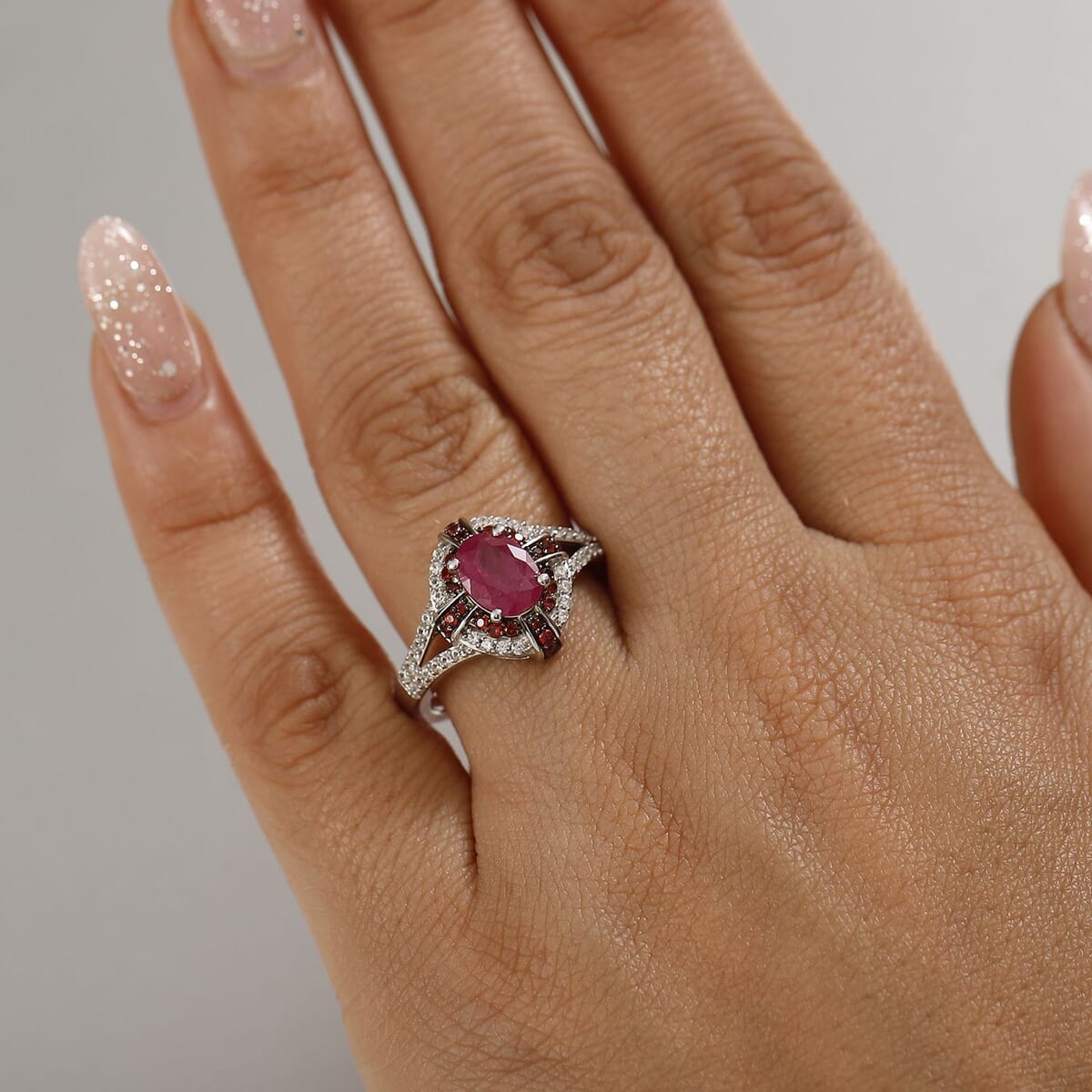 Mozambique Ruby and Multi Gemstone 2.15 ctw Starlight Halo Ring in Rhodium Over Sterling Silver (Size 9.0) image number 2