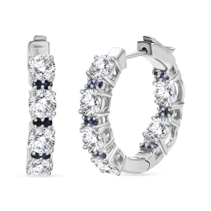 Moissanite and Madagascar Blue Sapphire 5.75 ctw Moonlit Hoop Earrings in Rhodium Over Sterling Silver