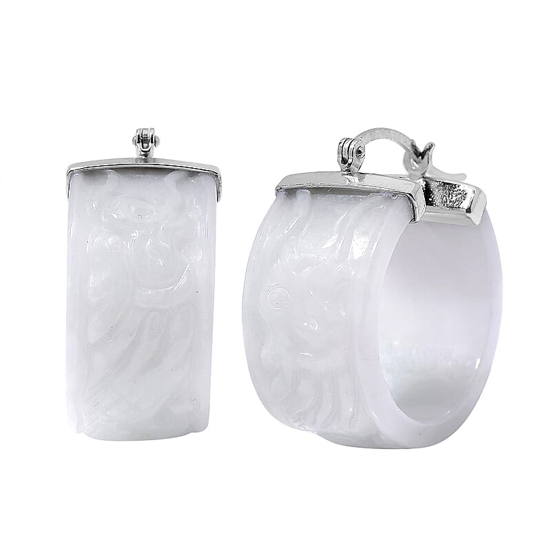 Natural Jade 70.00 ctw Carved Dragon Hoop Earrings in Rhodium Over Sterling Silver