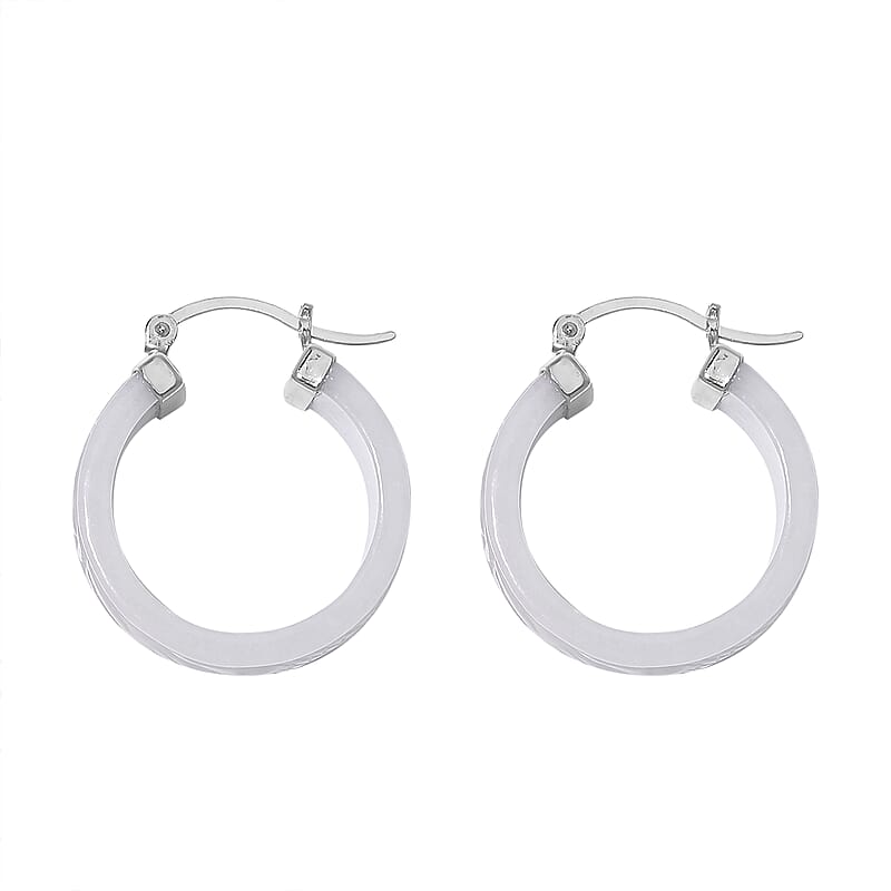 Natural Jade 70.00 ctw Carved Dragon Hoop Earrings in Rhodium Over Sterling Silver