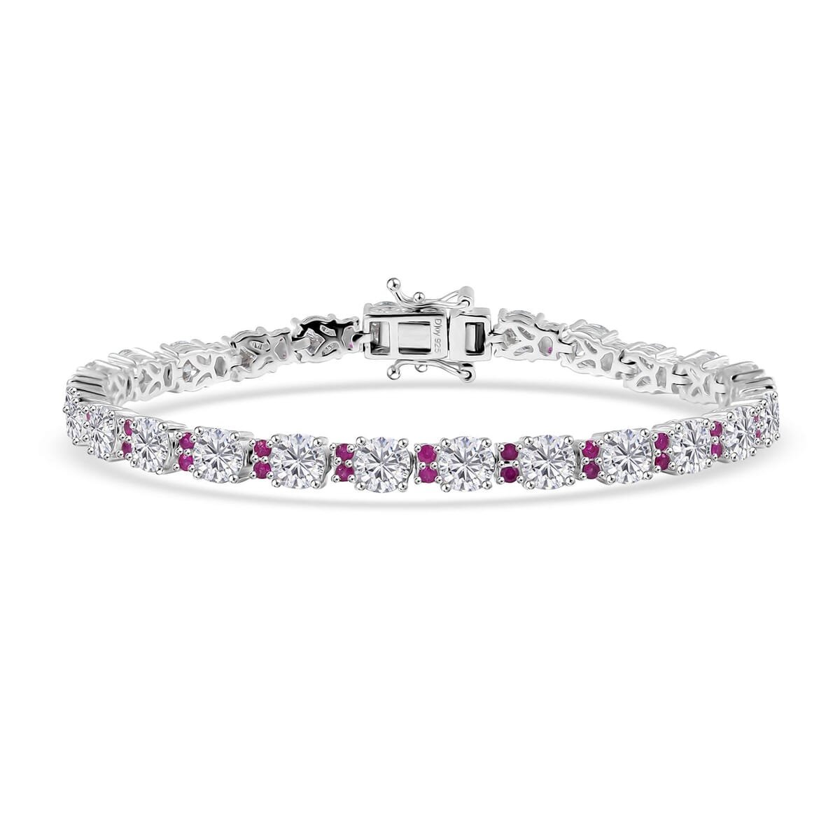 D'Joy Moissanite and Madagascar Pink Sapphire 12.00 ctw Dream Weaver Bracelet in Rhodium Over Sterling Silver (7.25 In) image number 0