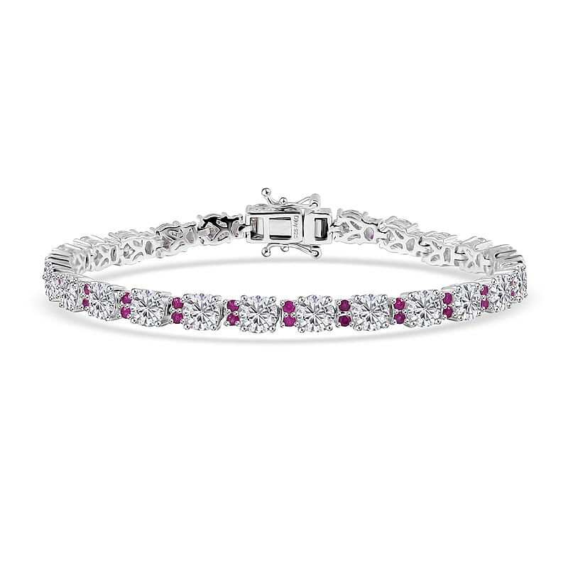 D'Joy Moissanite and Madagascar Pink Sapphire 12.00 ctw Dream Weaver Bracelet in Rhodium Over Sterling Silver (7.25 In)