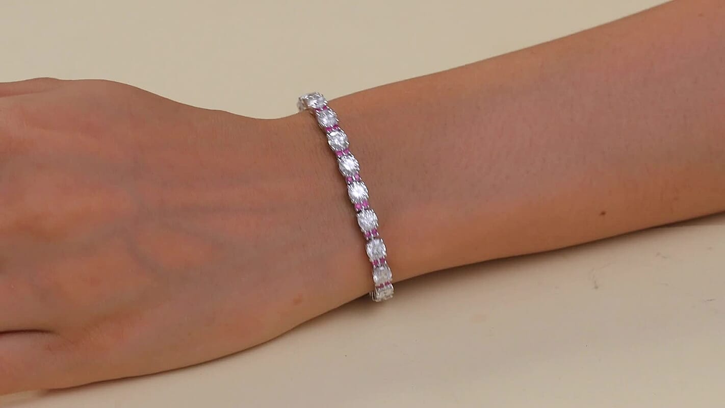 D'Joy Moissanite (Rnd 5mm), Madagascar Pink Sapphire Bracelet in Rrhodium Over Sterling Silver (7.25 In) 12.00 ctw