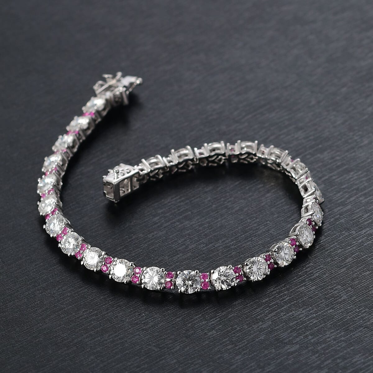 D'Joy Moissanite and Madagascar Pink Sapphire 12.00 ctw Dream Weaver Bracelet in Rhodium Over Sterling Silver (7.25 In) image number 1