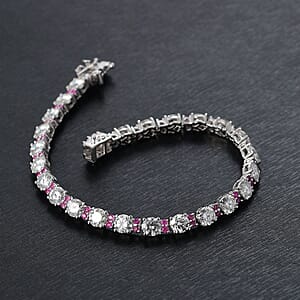 D'Joy Moissanite and Madagascar Pink Sapphire 12.00 ctw Dream Weaver Bracelet in Rhodium Over Sterling Silver (7.25 In)