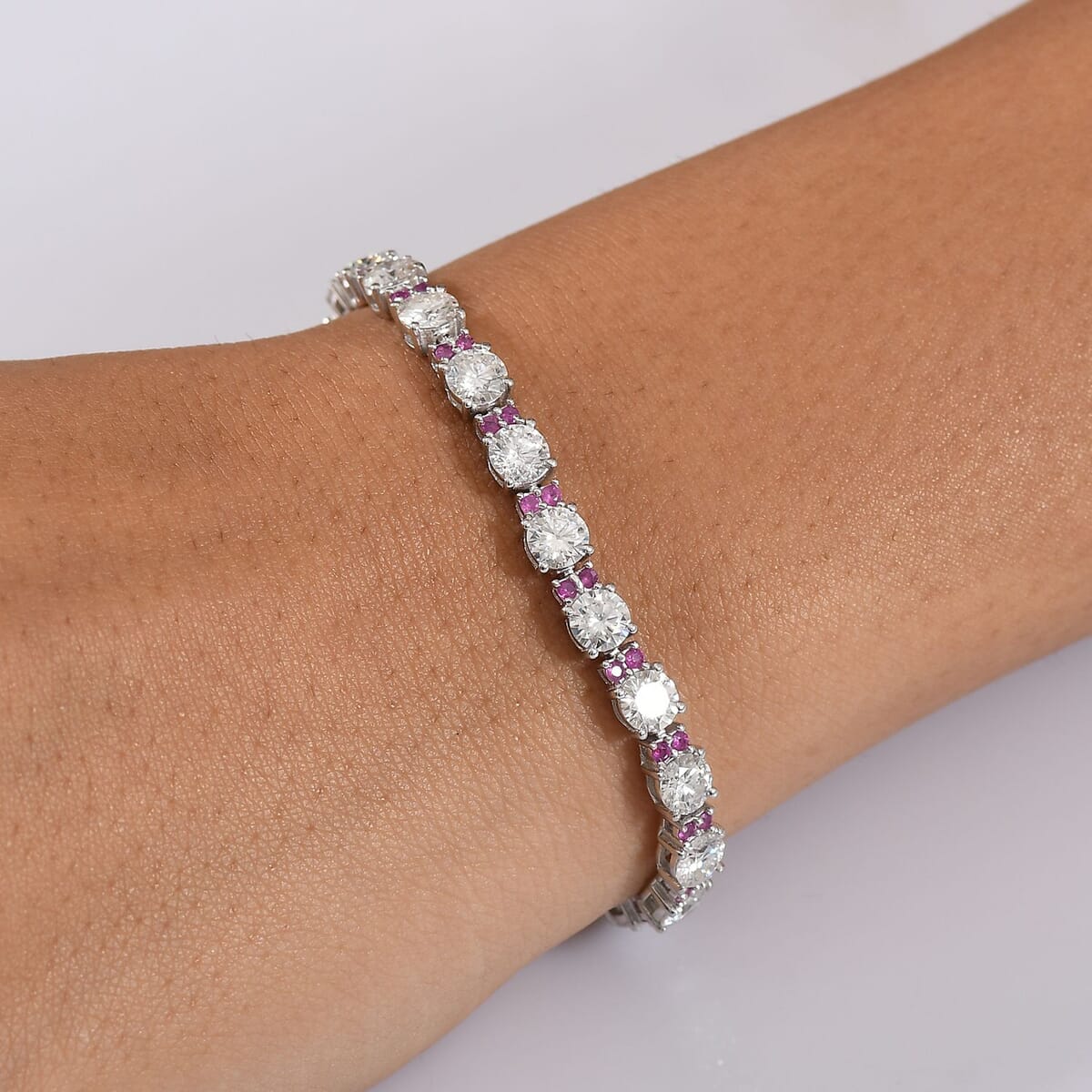 D'Joy Moissanite and Madagascar Pink Sapphire 12.00 ctw Dream Weaver Bracelet in Rhodium Over Sterling Silver (7.25 In) image number 2