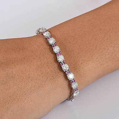 D'Joy Moissanite and Madagascar Pink Sapphire 12.00 ctw Dream Weaver Bracelet in Rhodium Over Sterling Silver (7.25 In)