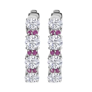 Moissanite and Madagascar Pink Sapphire 6.00 ctw Moonlit Hoop Earrings in Rhodium Over Sterling Silver